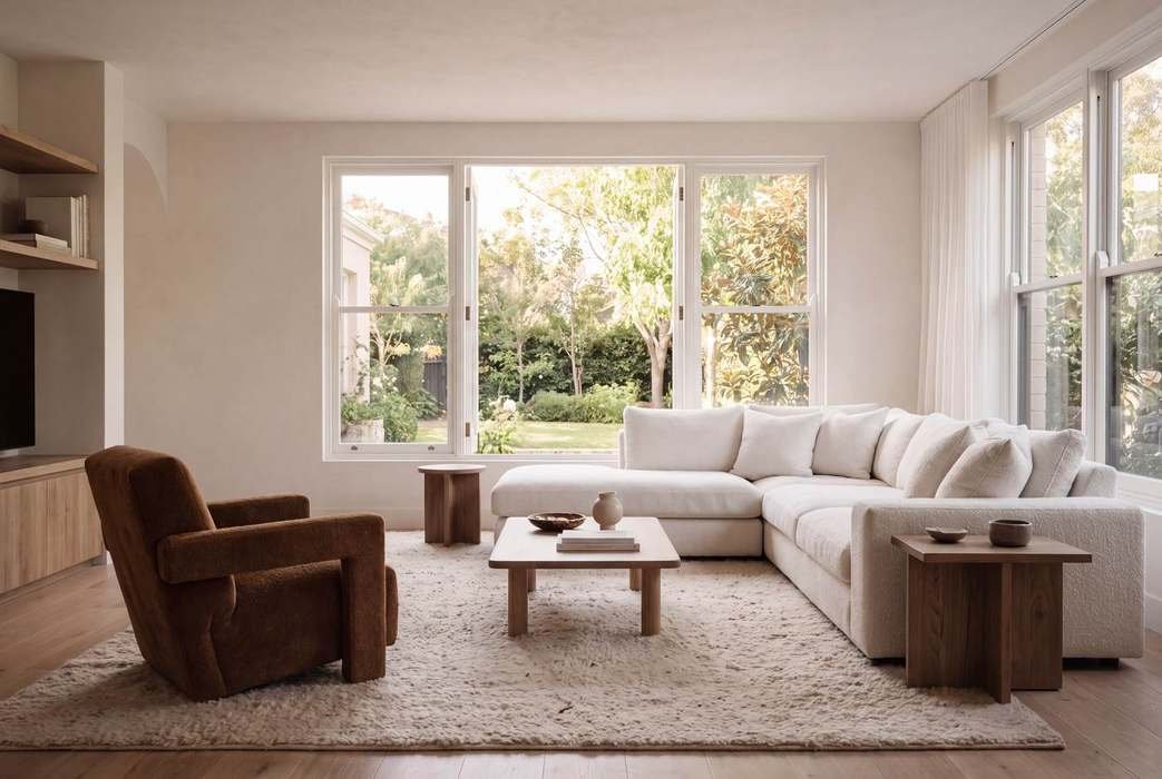 Living room, cream sofa and rug
