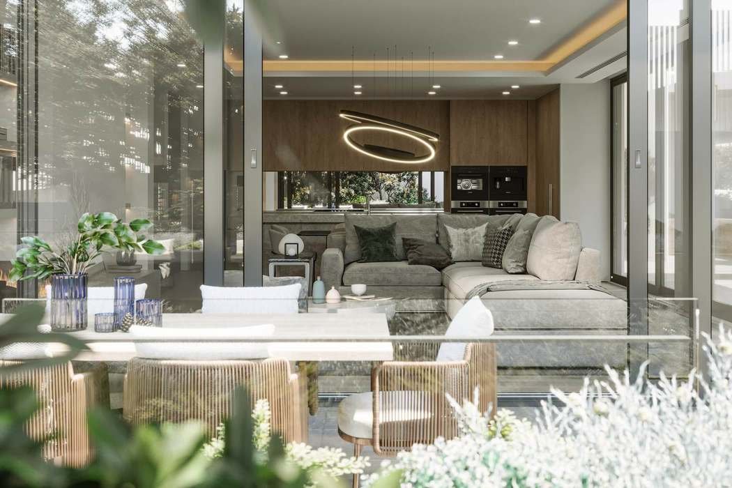 Living room, kitchen beyond