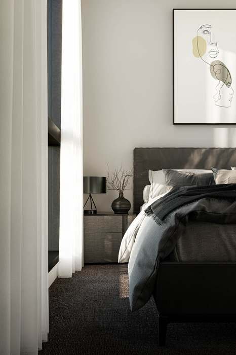 Bedroom, curtain and nightstand detail
