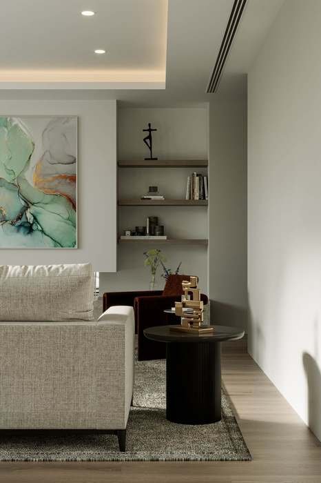 Living room, sculptural bookshelf styling